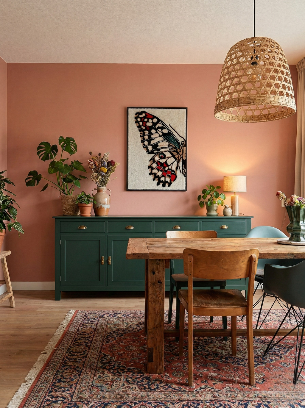Hand-tufted wall hanging depicting a detailed butterfly wing in black, white and red, displayed above a dark green sideboard on a terracotta pink wall in a cosy dining room