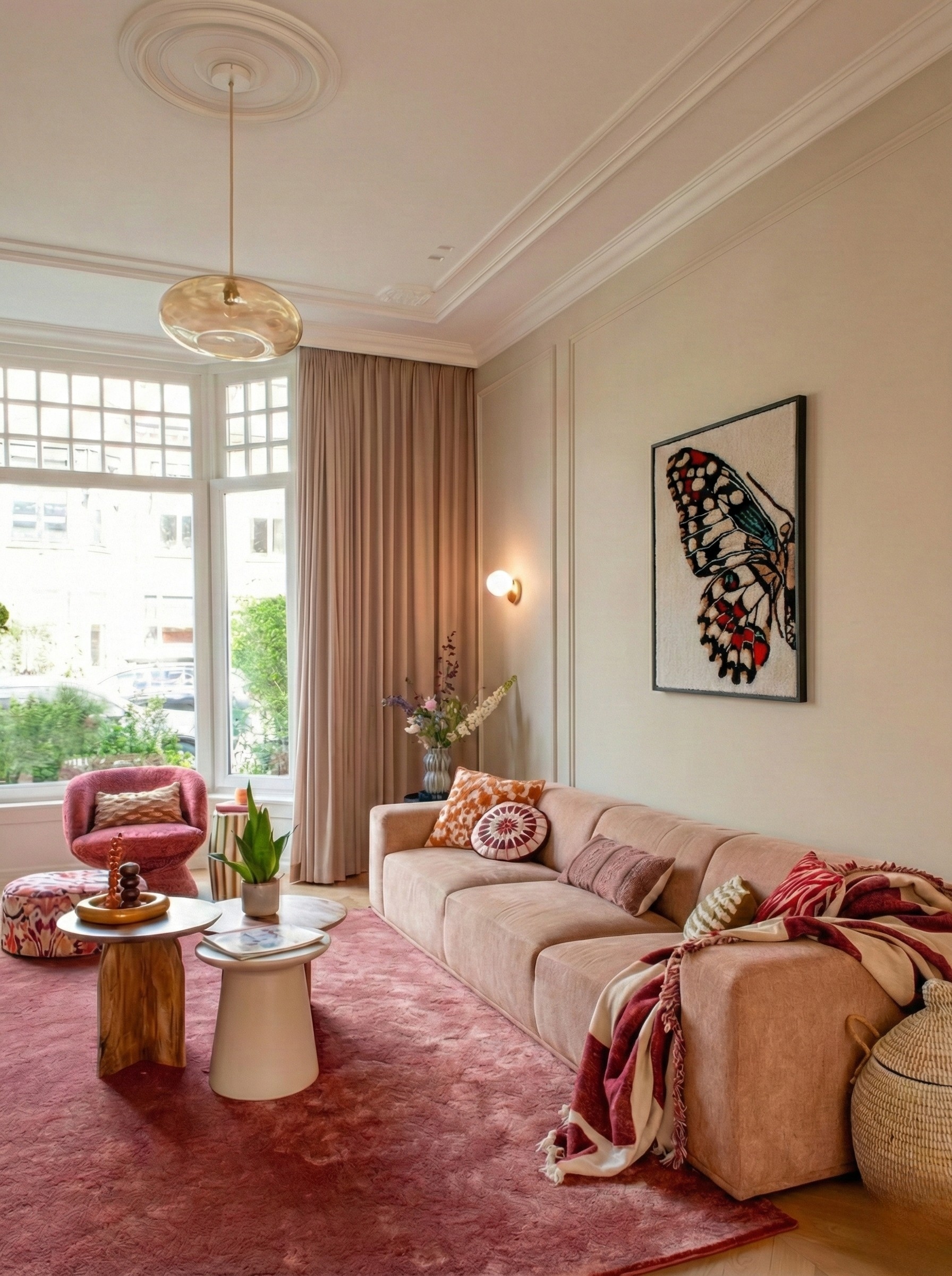 Hand-tufted wall hanging depicting a detailed butterfly wing in black, white and red, displayed in an elegant living room with rose-coloured sofa and high ceilings