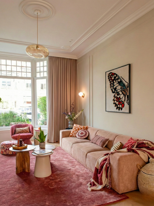 Hand-tufted wall hanging depicting a detailed butterfly wing in black, white and red, displayed in an elegant living room with rose-coloured sofa and high ceilings