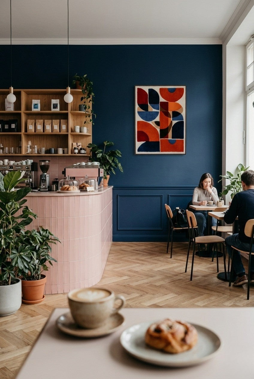 Hand-tufted wall hanging with bold geometric shapes in orange, red and navy blue, displayed on a dark blue wall in a cosy coffee bar with pink tiled counter