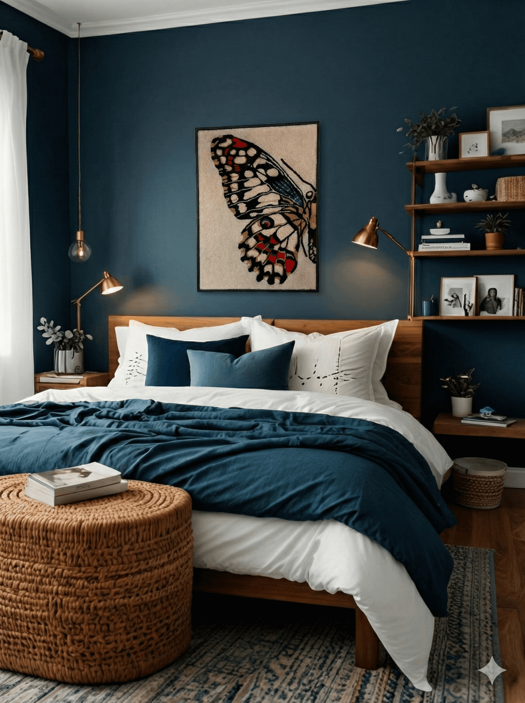 Handmade tufted butterfly wall hanging by Filo Arts displayed above a bed in a cozy dark blue bedroom with oak furniture and brass accents