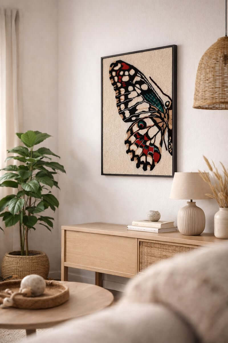 Getuft wandkleed Butterfly van Filo Arts in een Scandinavische woonkamer met eiken dressoir, rotan accenten en neutrale tinten