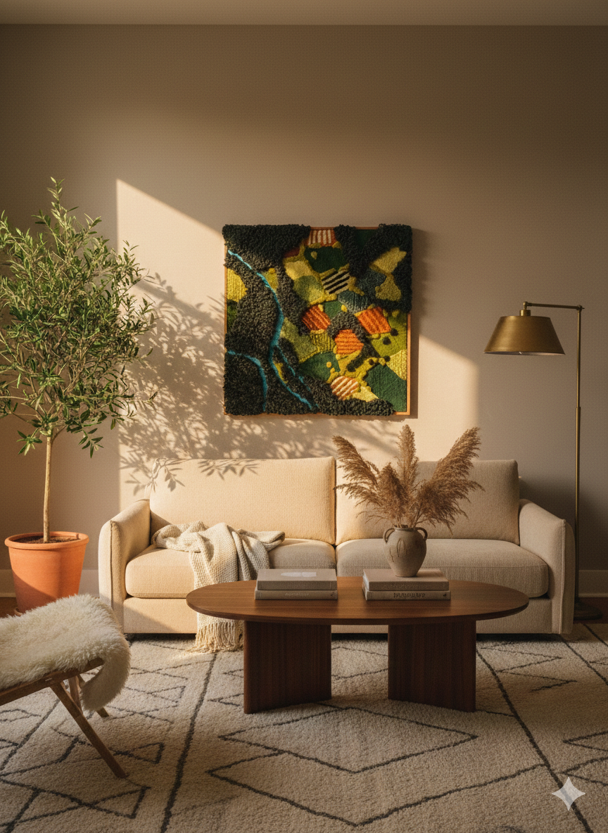 Handmade tufted wall art by Filo Arts depicting an aerial landscape with river, fields and hills in green, orange and blue, displayed in a warm modern living room above a cream sofa