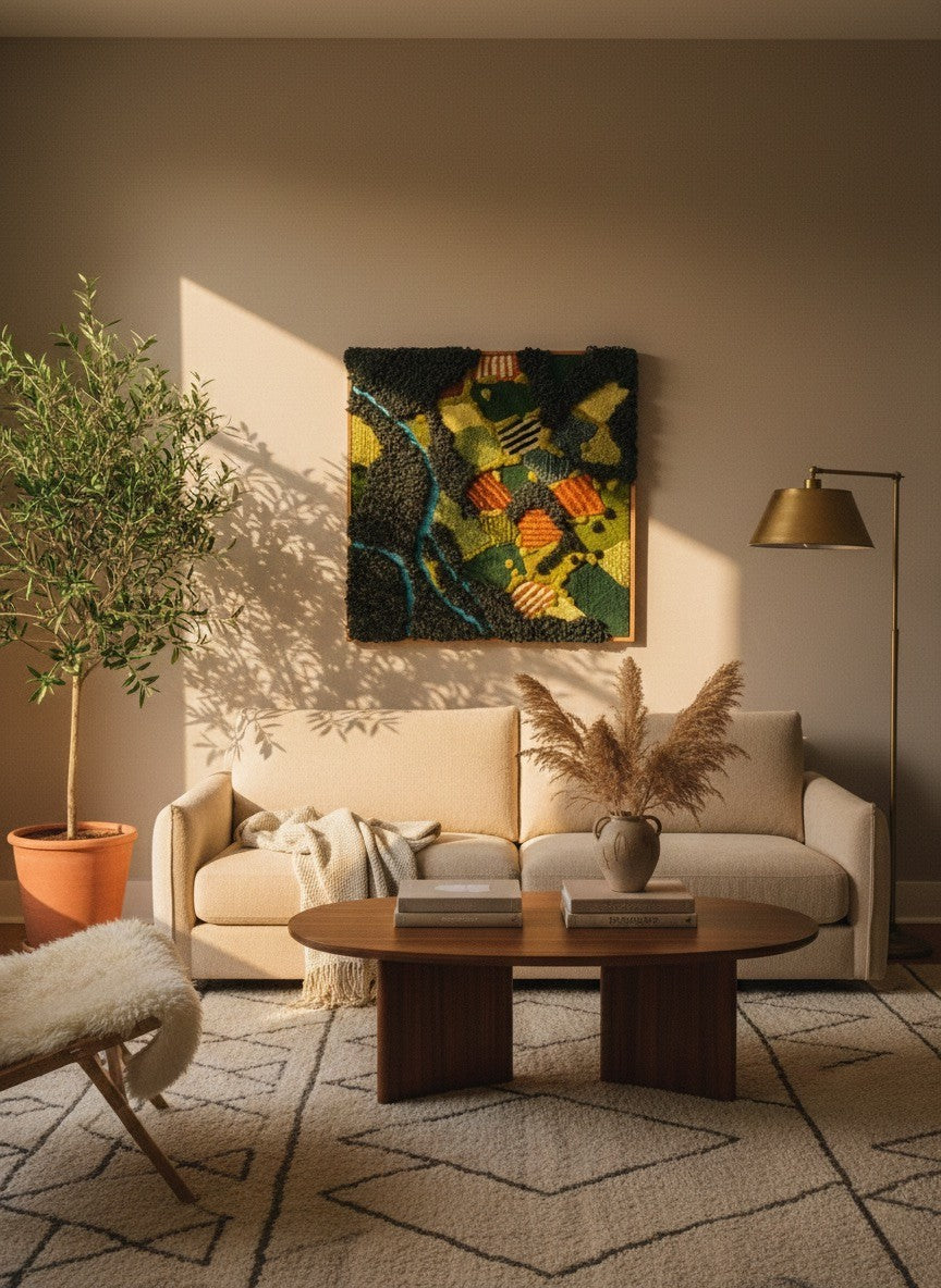Hand-tufted wall hanging inspired by the Dutch polder landscape in green, orange and yellow tones, displayed above a cream sofa in a warm living room with olive tree