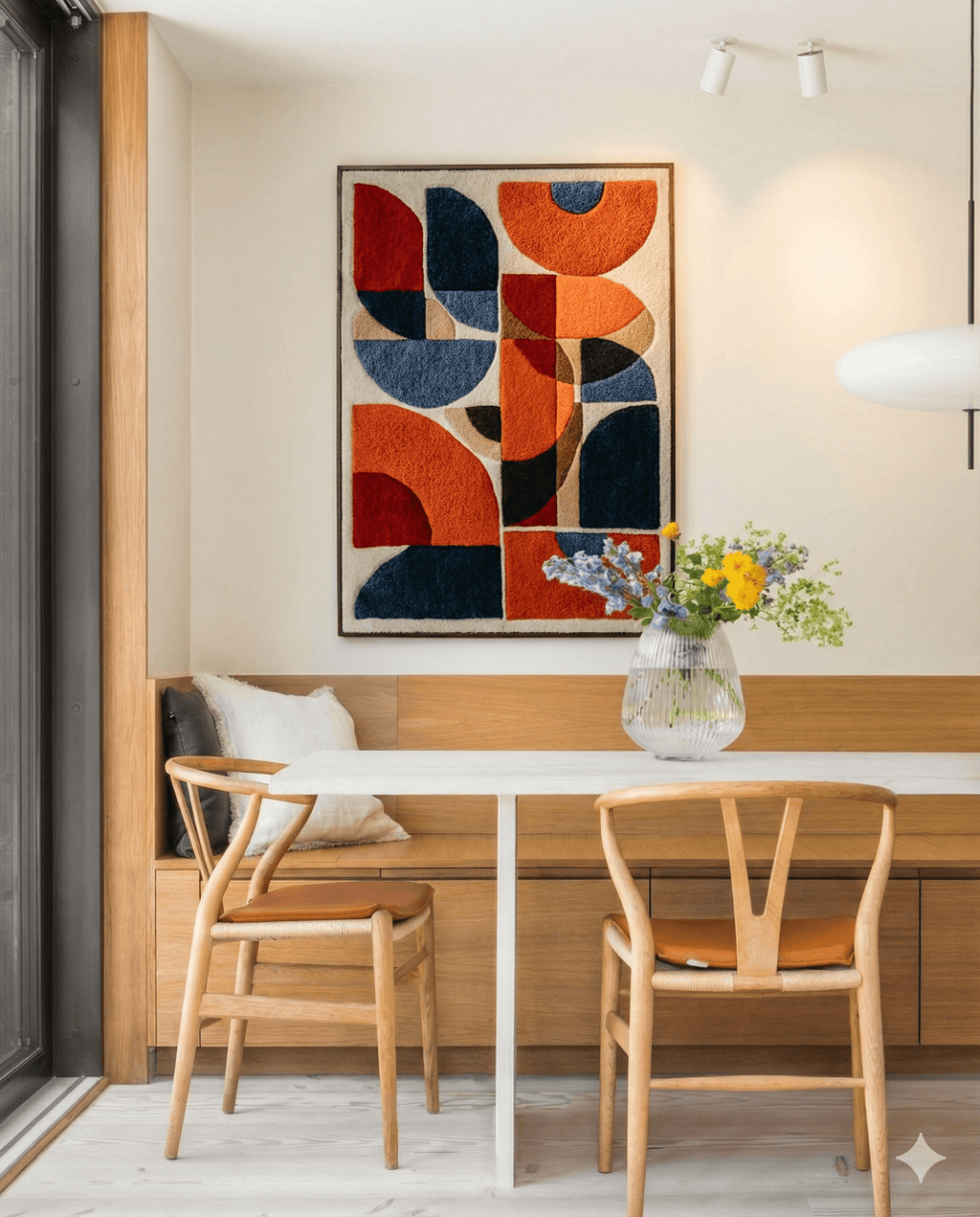 Bold geometric tufted wall hanging in red, orange and navy displayed above an oak dining bench with Wishbone chairs and fresh flowers