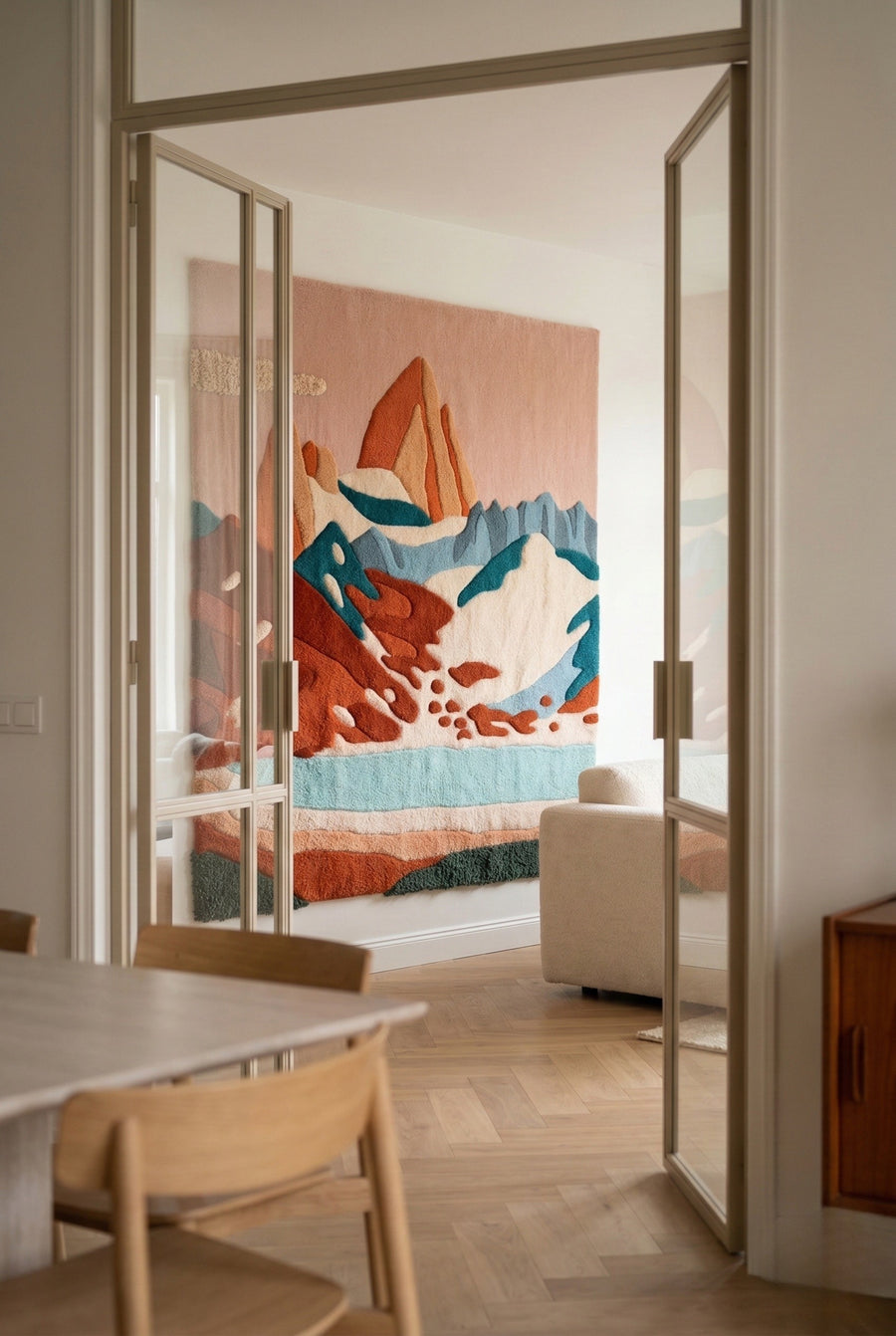 Large hand-tufted wall hanging depicting a Patagonian mountain landscape in terracotta, teal and pink tones, seen through open glass doors in a light-filled apartment